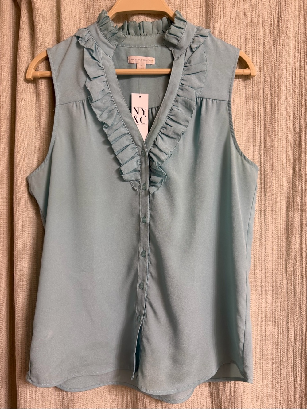 New York & Company Ruffled V-Neck Sleeveless Camisole in Light Blue Green